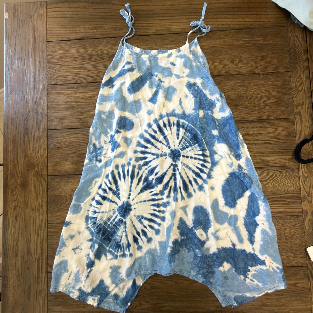Blue White Tie Dye Sunburst Handkerchief Hem Mini Dress Sleeveless Tie Strap